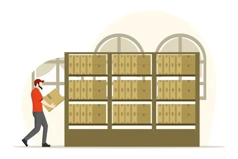Concept of warehouse workers transporting carton boxes 스톡 일러스트