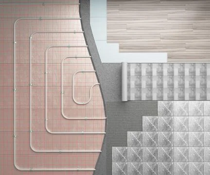 Concept of a warm floor The heating system is laid on the floor with differen Illustrazione stock