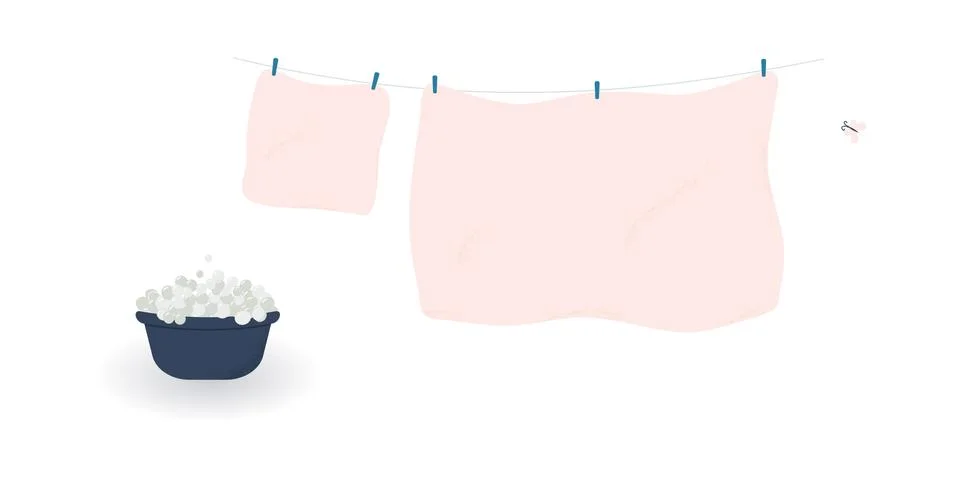 Concept of washing and drying: washed cute soft pink bed sheet and pillowcase Stock Illustration