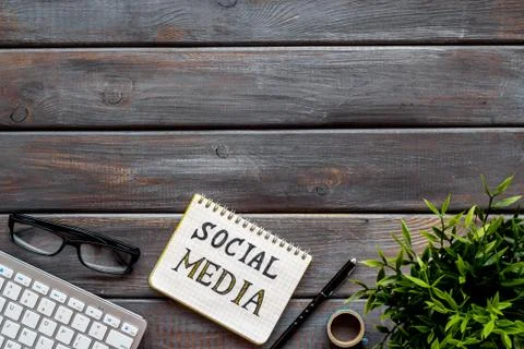 Concept of web network social media marketing. Workplace flat lay Stock Photos