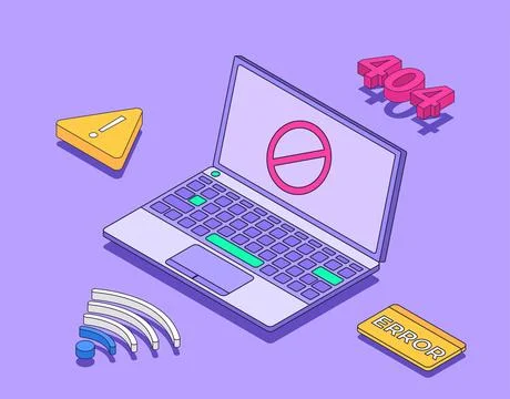 Concept of web page connection error. Laptop, danger sign, web server, work Stock Illustration