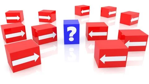 Concept of white arrows and question mark on blue and red cubes Stock Illustration