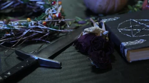 The concept of a witch's table for rituals on the eve of halloween. Stock Footage