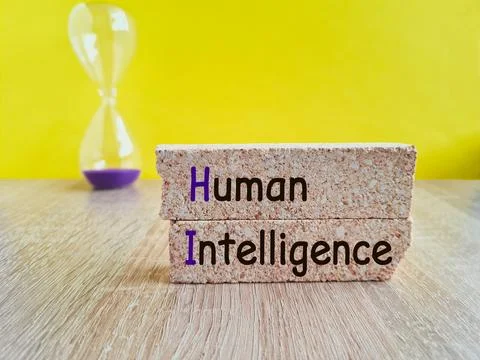 Concept word Human intelligence on brick blocks. Beautiful wooden table Stock Photos
