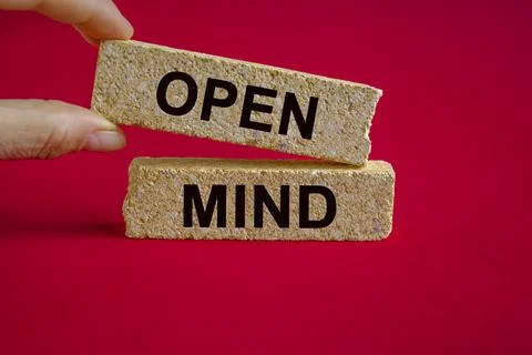 Concept word open mind on brick blocks. Beautiful red background. Stock-Fotos