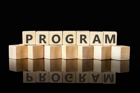 The concept word PROGRAM is collected of wooden cubes on a glossy black Stock-Fotos