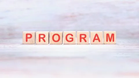 The concept word PROGRAM is made of wooden cubes on a light background. Loyalty Stock Photos