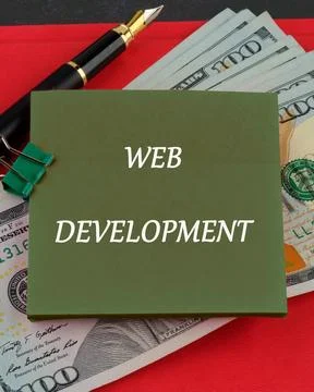 Concept word WEB DEVELOPMENT written on a sticker on the background of doll.. Foto stock