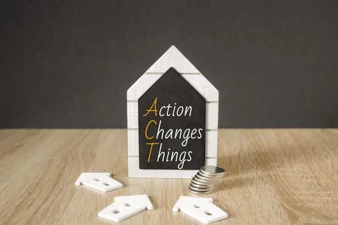 Concept words Action, Changes and Things on black blackboard. Stock Photos