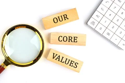 Concept words OUR CORE VALUES symbol on wooden blocks on a white background n Stock-Fotos