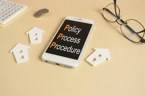Concept words Policy, process, procedure on the mobile phone screen. Stock Photos