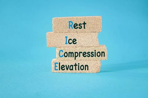 Concept words Rest, Ice, Compression, Elevation-RICE on brick blocks. Stock Photos