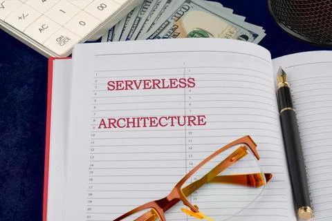 Concept words SERVERLESS ARCHITECTURE written in a business notebook, a conce Foto stock