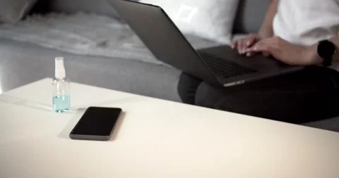 The concept of work from home. On an antiseptic background. Stay at home Stock Footage 131446464