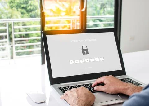 Concept work at home with computers and Internet. Laptop screen showing log.. Foto stock