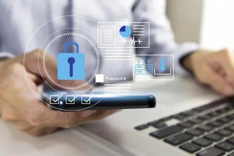 Concept of working and businessman using mobile to log in work account and .. Foto stock