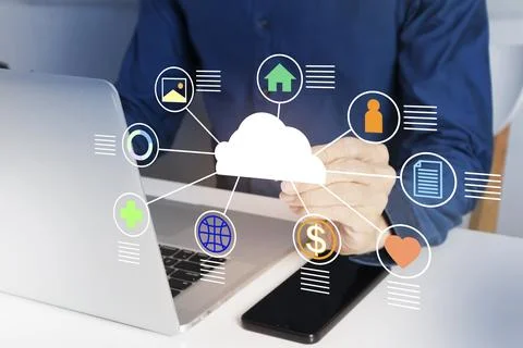The concept of working with cloud systems to connect various systems togeth.. Foto stock