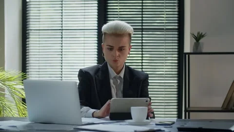 Concept of working project manager. Young ambitious business lady on video Stock Footage 253628515