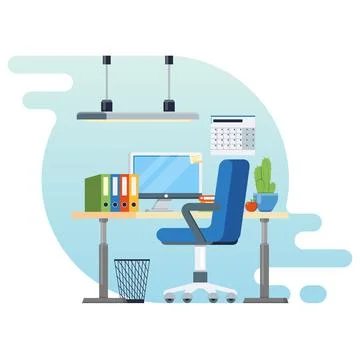 Concept of workplace with computer and office equipment. Flat vector illust.. Stock Illustration
