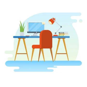 Concept of workplace with computer and office equipment. Flat vector illust.. Stock Illustration