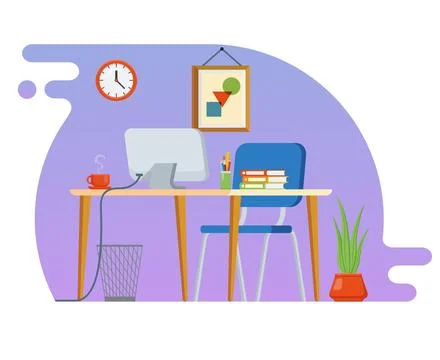 Concept of workplace with computer and office equipment. Flat vector illust.. Illustrazione stock