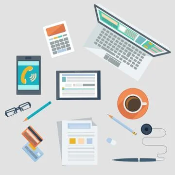 Concept of workplace with office devices and items Stock Illustration