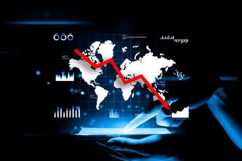 Concept of world crisis. A falling down arrow against the background of a hol Illustrazione stock