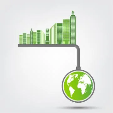 Concept World environment and Earth Symbol With Green Leaves Around Cities He Stock Illustration