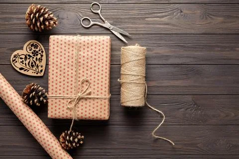 The concept of wrapping gifts in rustic style on birthday, Mother's Day Stock Photos