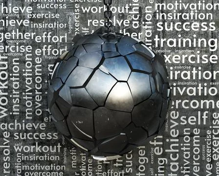 A concept of wrecking ball broken on a wall with motivation words graffiti, 3 Illustrazione stock