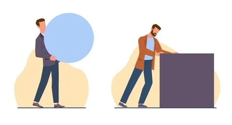 Concept of wrong approach to work, men carrying round object and pushing square Stock Illustration