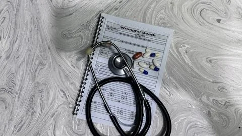 Concept of Wrongful Death write on document isolated on Wooden Table. Stock Photos