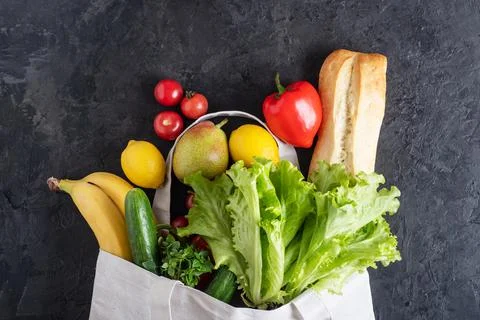 The concept of zero waste, environmental friendly products in a textile bag o Stock Photos