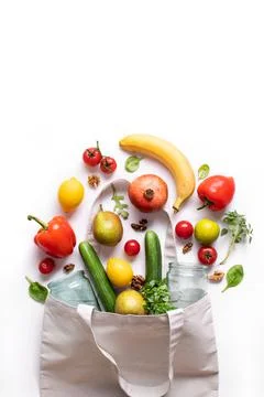 Concept of zero waste, environmental friendly products in a textile bag on a  Stock Photos