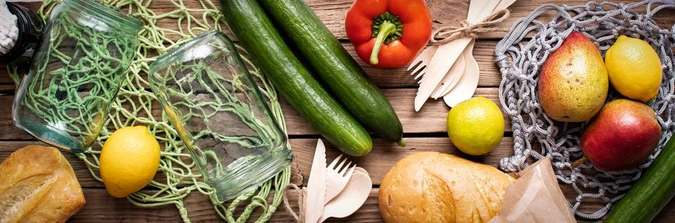 Concept of zero waste, environmental friendly products with glass jars and ne Stock Photos