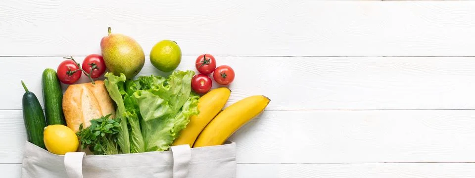 Concept of zero waste, environmental friendly products in a textile bag on a  写真素材