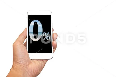 Conceptaul business financial hand holding cell phone with zero percente on Stock Photos