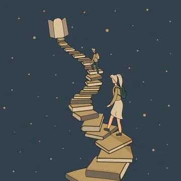 Concept:book or reading is source of knowledge.Tiny boy and girl climb up Stock Illustration