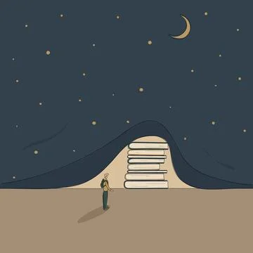 Concept:book is source of knowledge.Stack of books lifted curtain of darkness Stock Illustration