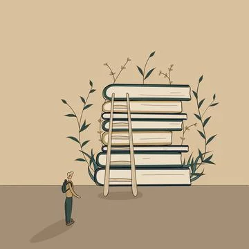 Concept:book is source of knowledge.Tiny man ready ready to climb stairs Stock Illustration
