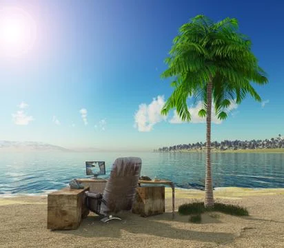 Conception vacation background with office table and landscape Stock Illustration