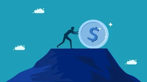 Concepts for solving financial problems. Businessman pushes coins Illustrazione stock