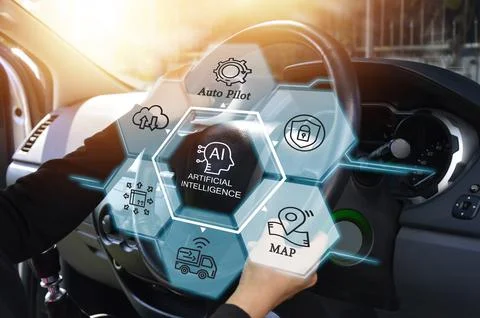 Concepts of using artificial intelligence in cars, automatic driving. Stock Photos