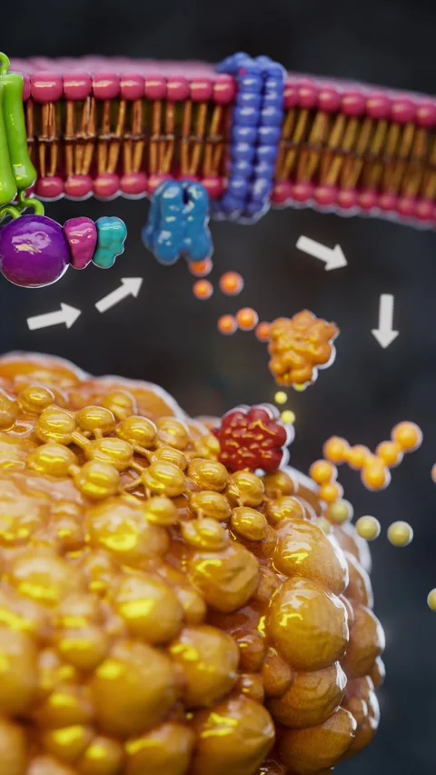 Conceptual 3D animation of adrenaline triggering fat breakdown in an adipocyt Stock Footage 335679122