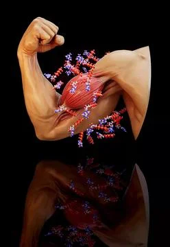 Conceptual 3D animation of biceps contraction with ATP molecules Stockillustratie