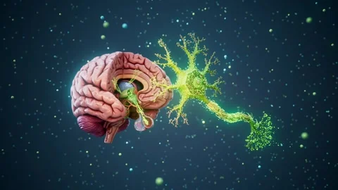 Conceptual 3D animation of the brain generating dopamine molecules in the pit Stock Footage 335679106