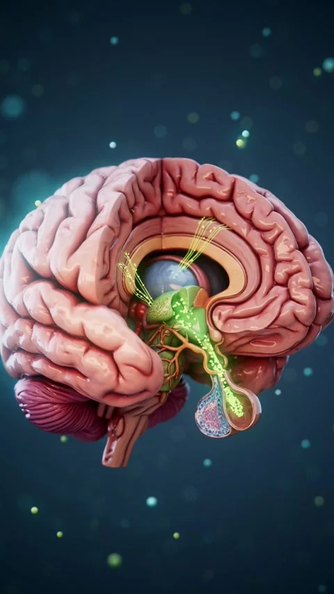 Conceptual 3D animation of the brain generating dopamine molecules in the pit Stock Footage 335679113