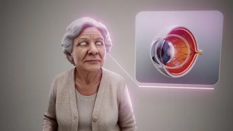 Conceptual 3D animation of an elderly woman with cataract and eye cross secti Stock Footage 336526355