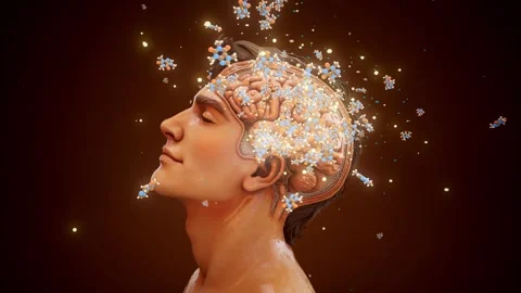 Conceptual 3D animation of a happy man with visible brain and caffeine and ha Stock Footage 331769158