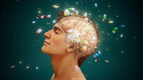 Conceptual 3D animation of a happy man with visible brain and exploding pills Video stock 332205222